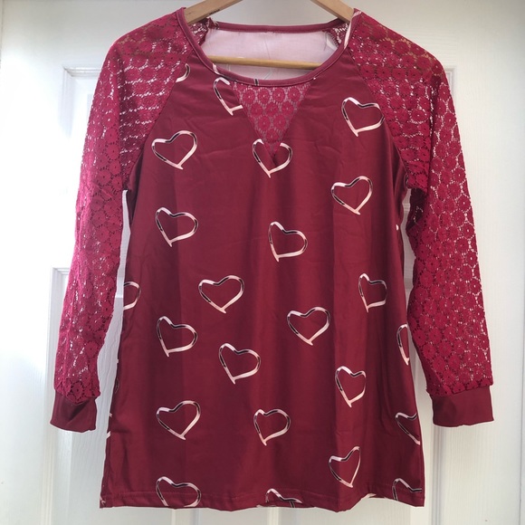 Love Heart Printed Red Lace Long Sleeve Casual Top - Picture 4 of 8